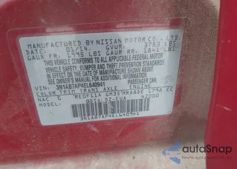 2014 Nissan Sentra Fe+ S/Fe+ Sv/S/Sl/Sr/Sv z USA, uszkodzony, nr VIN 3N1AB7AP4EL640941